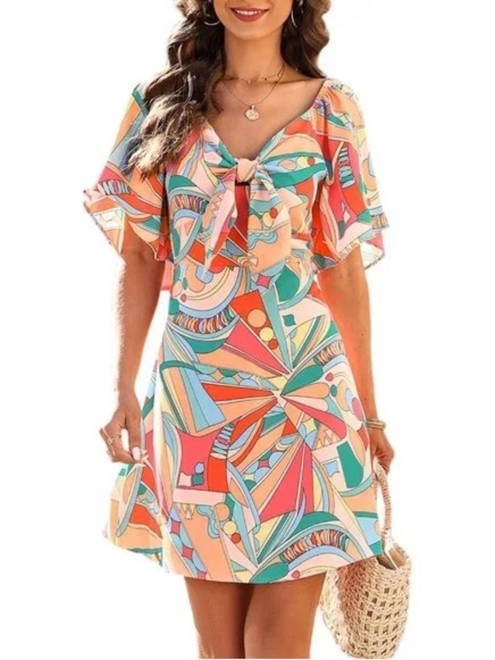 NWT Colorful Abstract Tie-Front Mini Dress